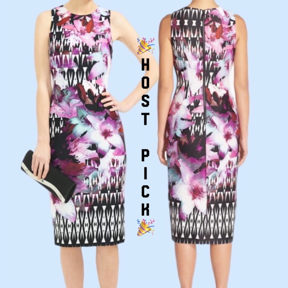 Vince Camuto Dresses & Skirts - Vince Camuto Black Geometric Purple Floral Lined Midi Dress